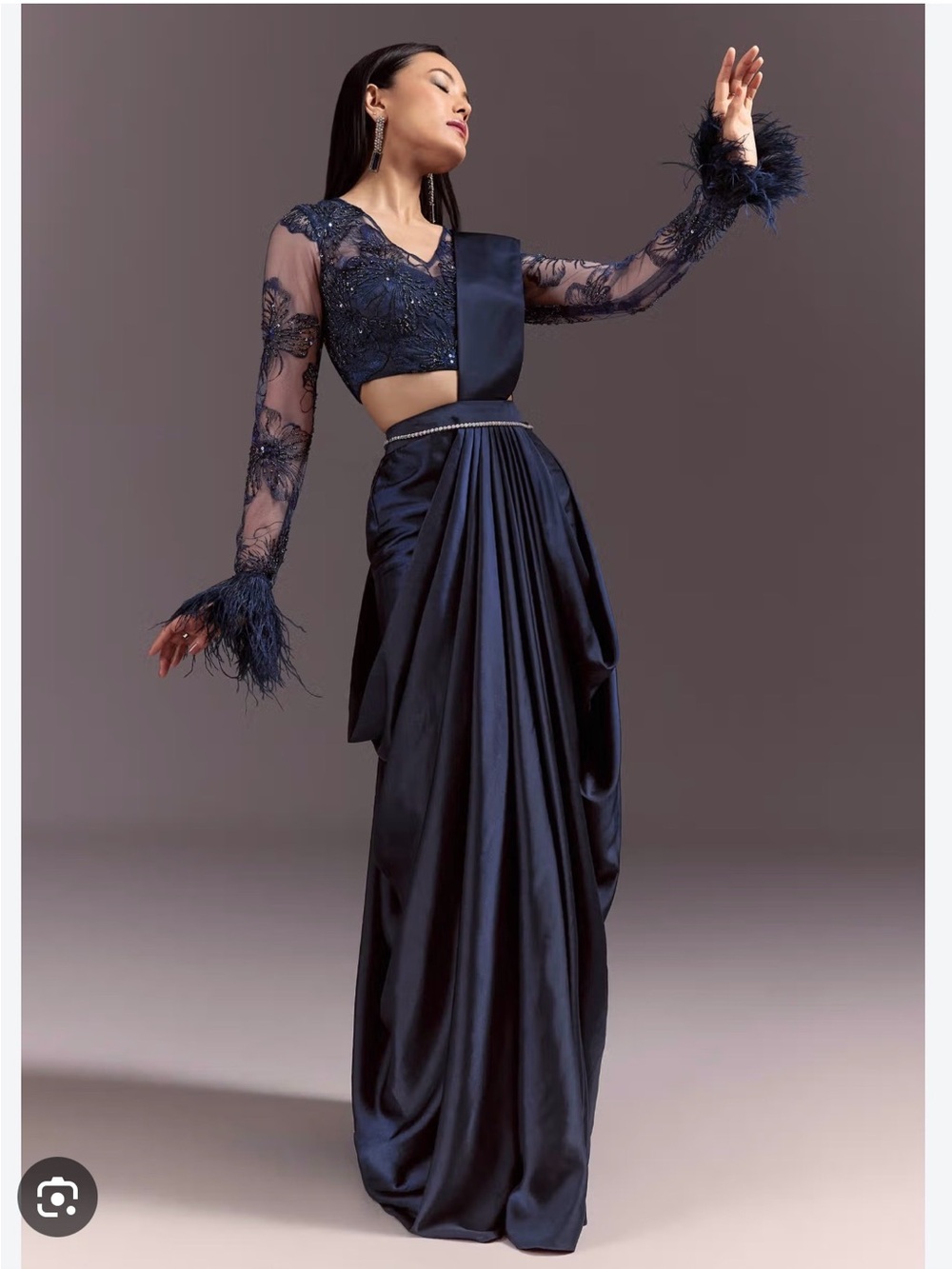 Navy Satin Pre-Pleated Saree